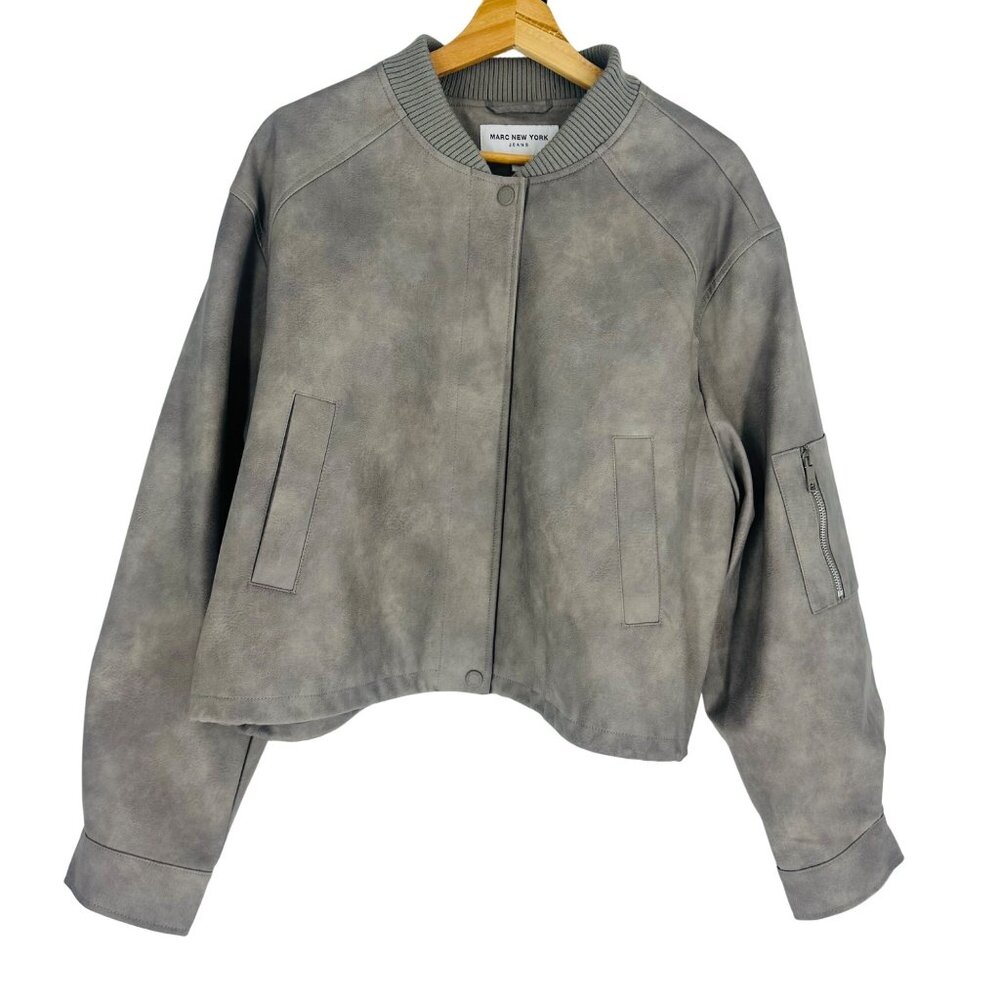 Marc New York Womens Grey Faux Leather Snap Button Long Sleeve Bomber Jacket L